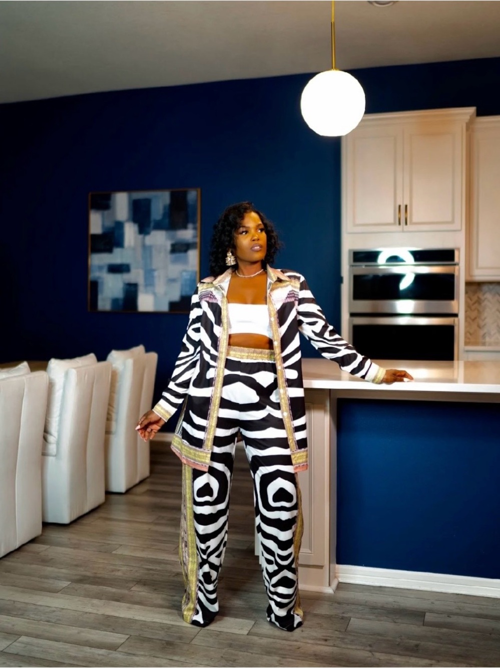 Zebra-Print Button-Up Blouse & Wide Leg Pants - Black & White